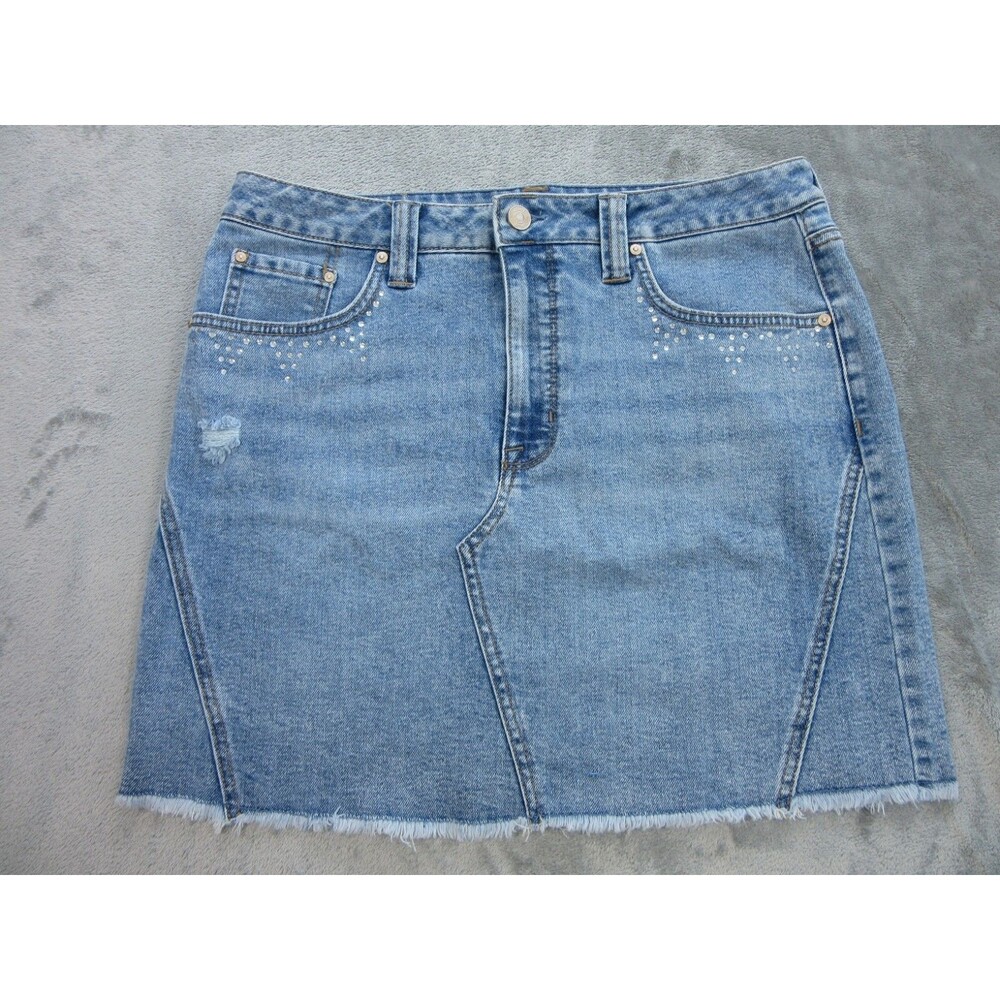 Seven7 Weekend Skirt Women's Sz 10 Distressed Embellishments Blue Denim